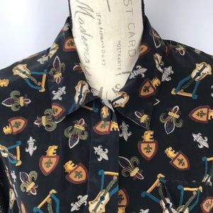 Vintage Tess Tops Tess 100% Silk Violins & Lion Coat of Arms Blouse